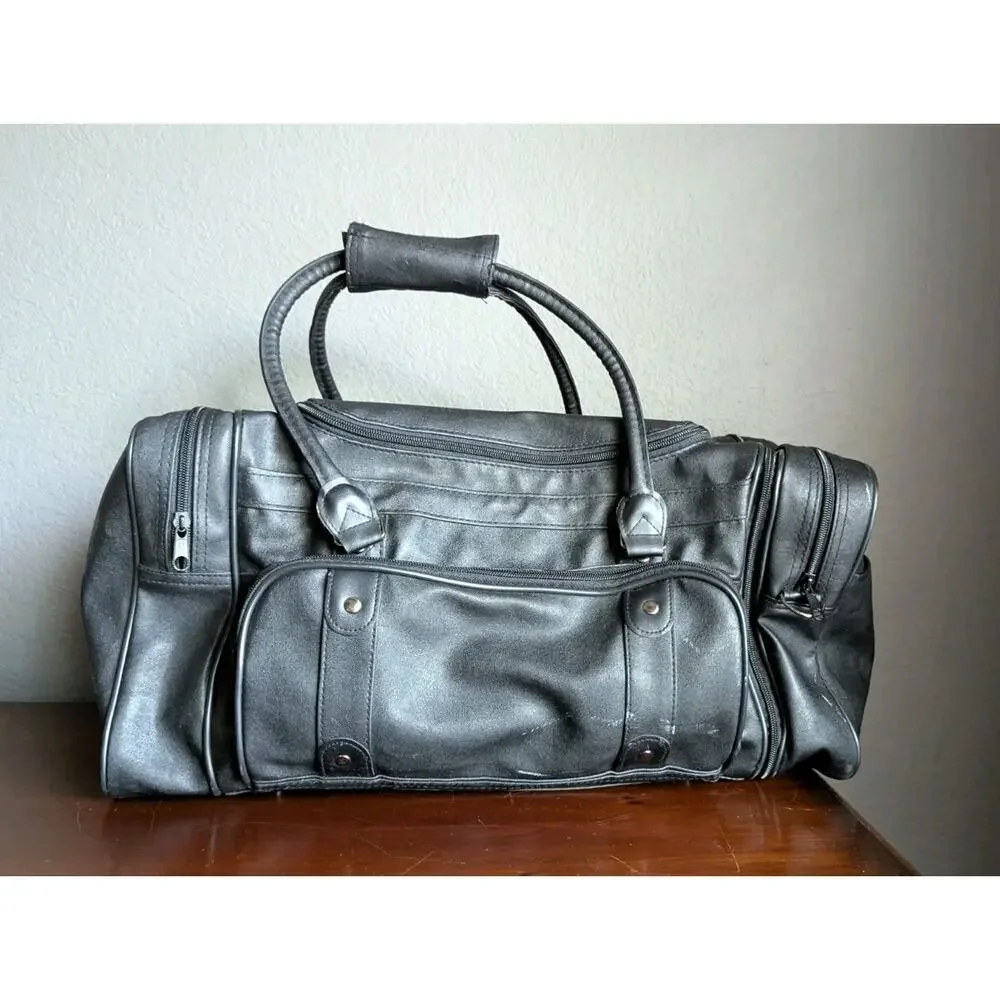 Vtg 90s Black Faux Leather Weekender Duffle Bag Carry On Travel Gym Overnight